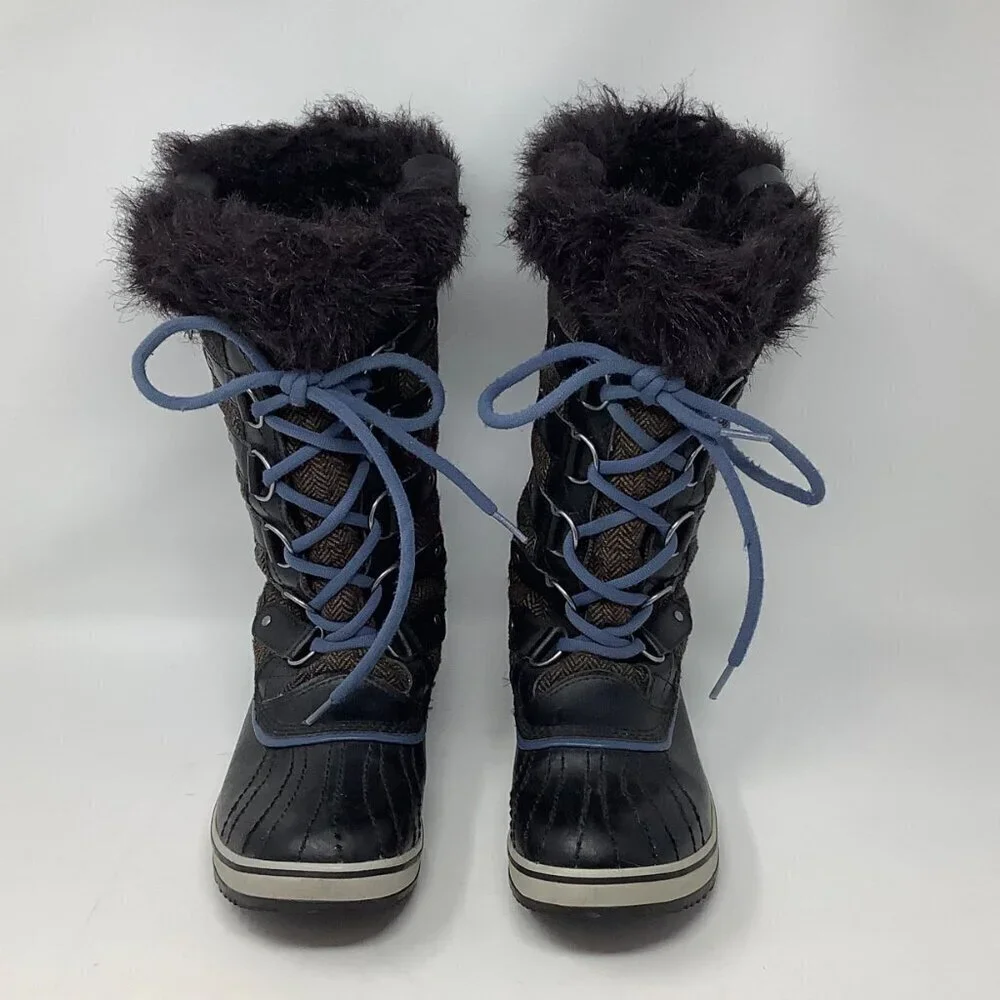Sorel women's Tofino Herringbone tall boots 8.5 brown blue laces winter snow